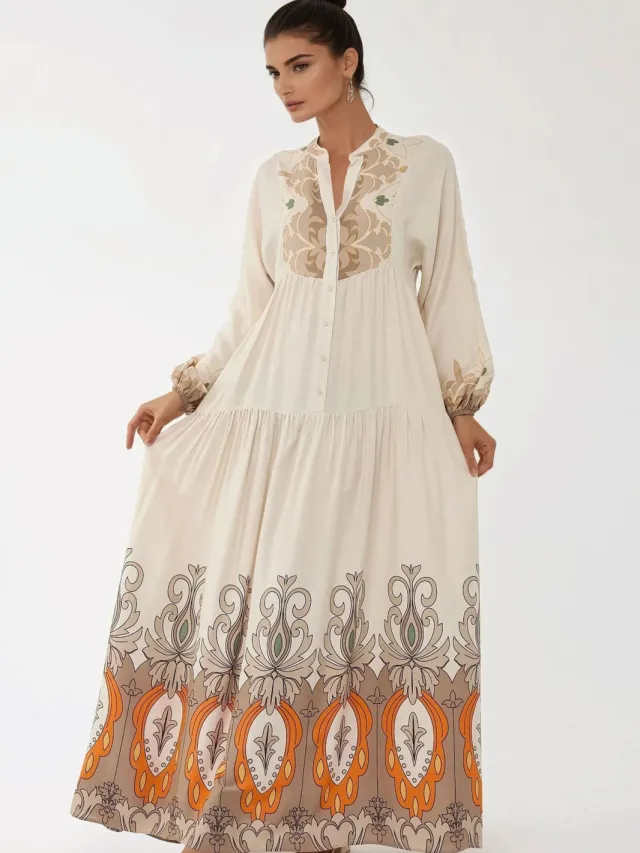 Hiccup Geprinte Lange Mouw Viscose Maxi Jurk Beige
