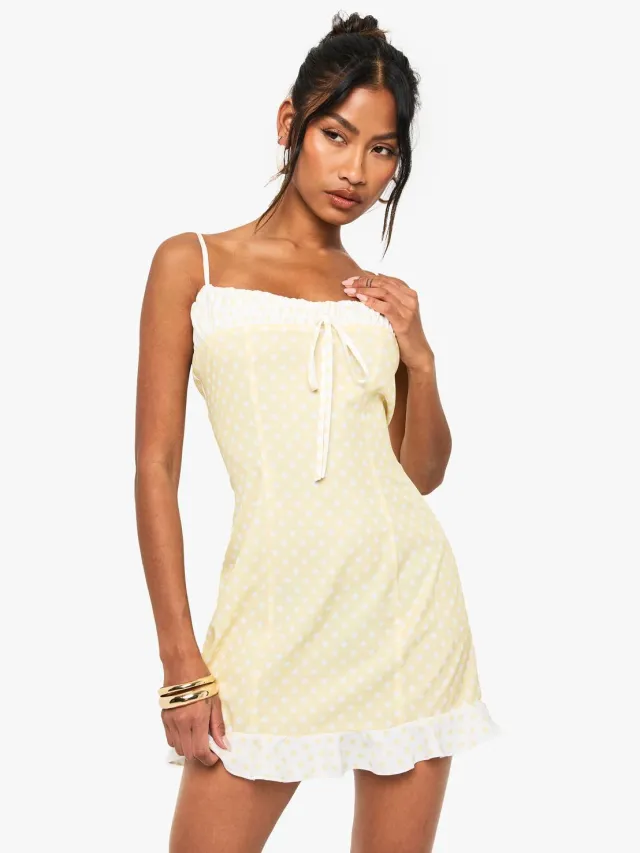 boohoo Dames Contrast Polka Dot Mini Jurk Citroen