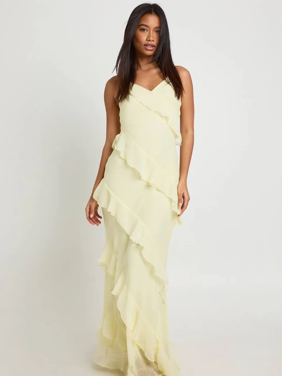 boohoo Dames Chiffon Maxi Jurk Met Ruche Detail citroen, foto 3