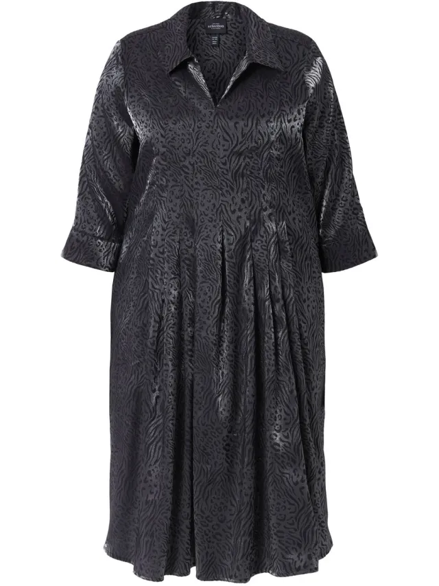 Ulla Popken Dames - Midi-jurk jacquard-luipaardpatroon overhemdkraag - Zwart - Maat 58+