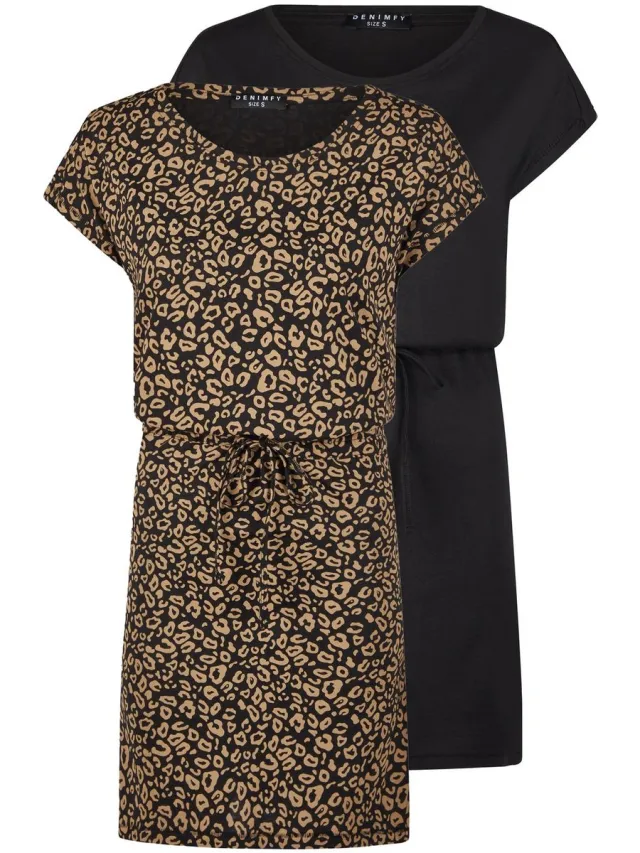 DENIMFY Dames Jurk DFBella regular fit Bruin M Ronde Hals Volwassenen Zomerjurk