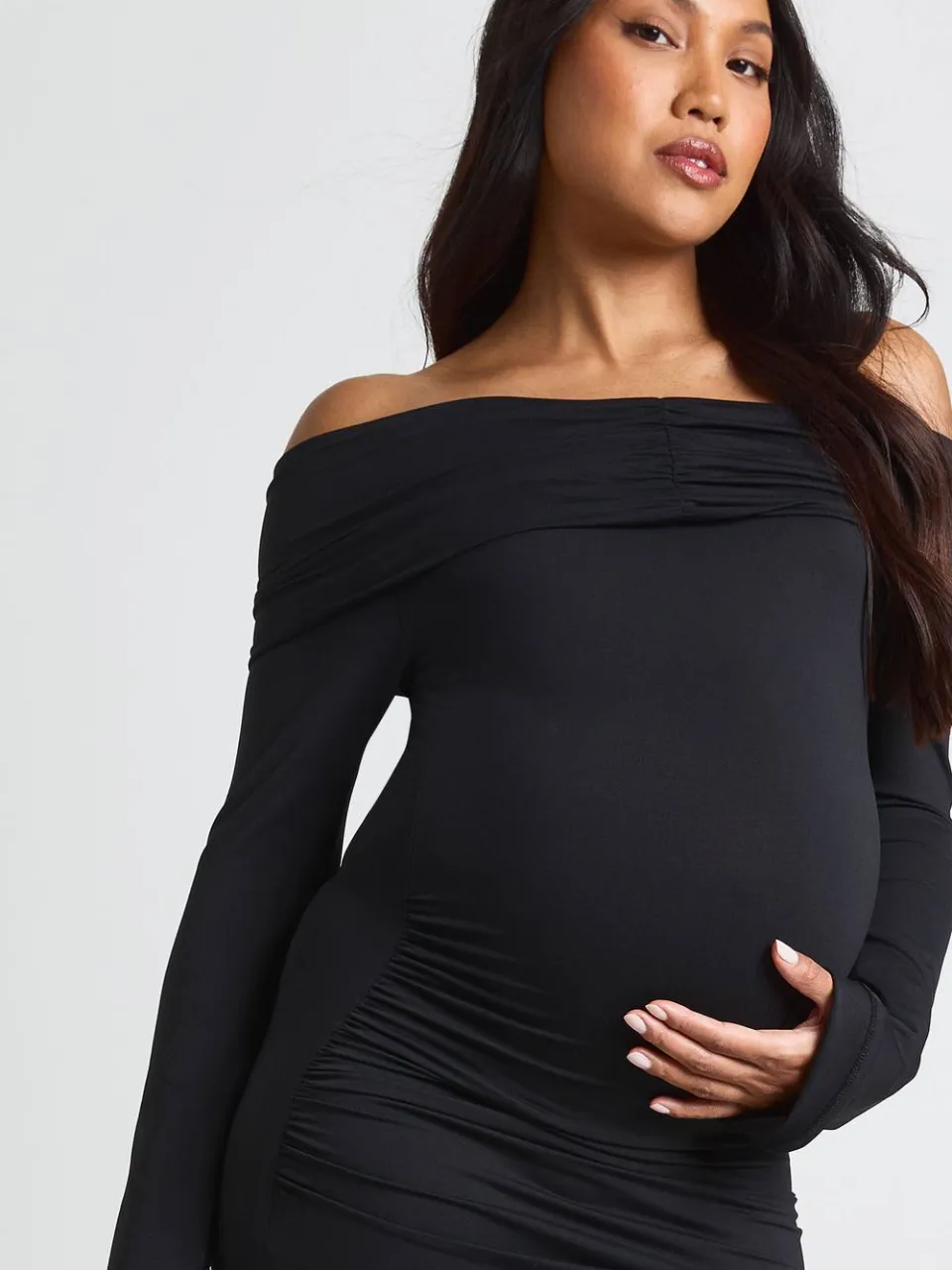 boohoo Dames Zwangerschaps Bardot Geplooide Maxi Jurk Met Wijde Mouwen zwart, foto 3