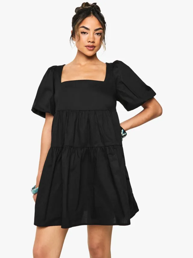 boohoo Dames Cotton Poplin Puff Sleeve Tiered Mini Dress Zwart