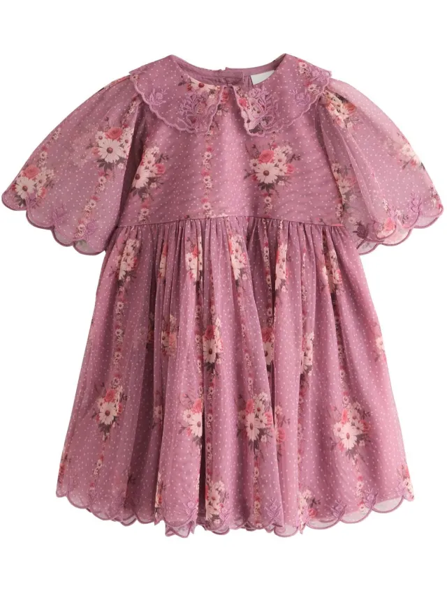 Next Meisjes - Feestjurk met kanten kraag en korte mouwen - Paars Purple Floral
