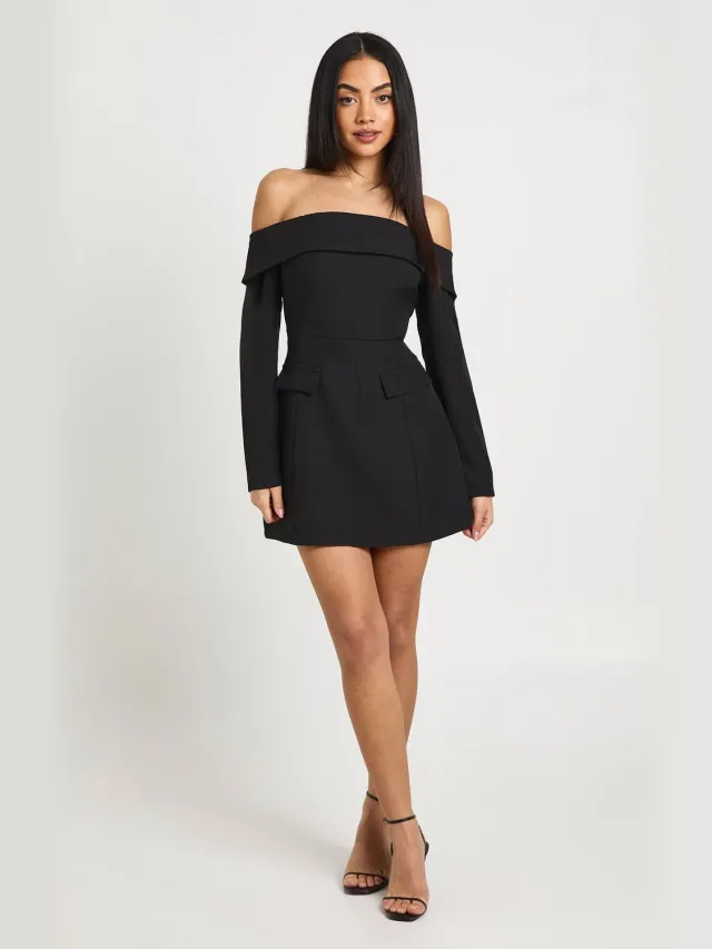 boohoo Dames Petite Bardot Gestructureerde Mini Jurk Zwart