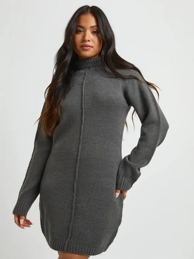 boohoo Dames Petite Hoogsluitende Gebreide Mini-trui Jurk Met Naaddetail houtskool, foto 3