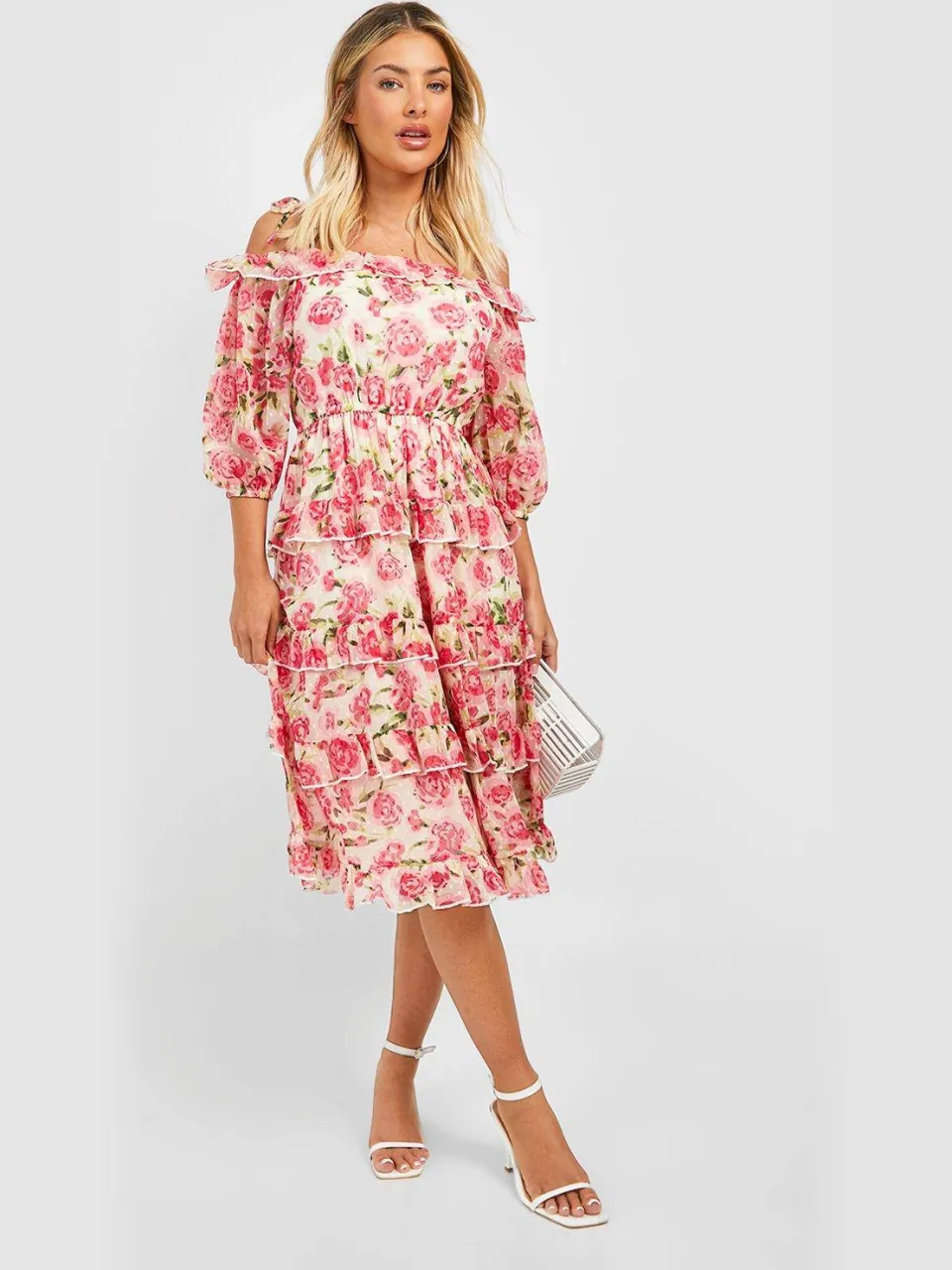 boohoo Dames Chiffon Jurk met Bloemen en Ruffles Midi roze, foto 3