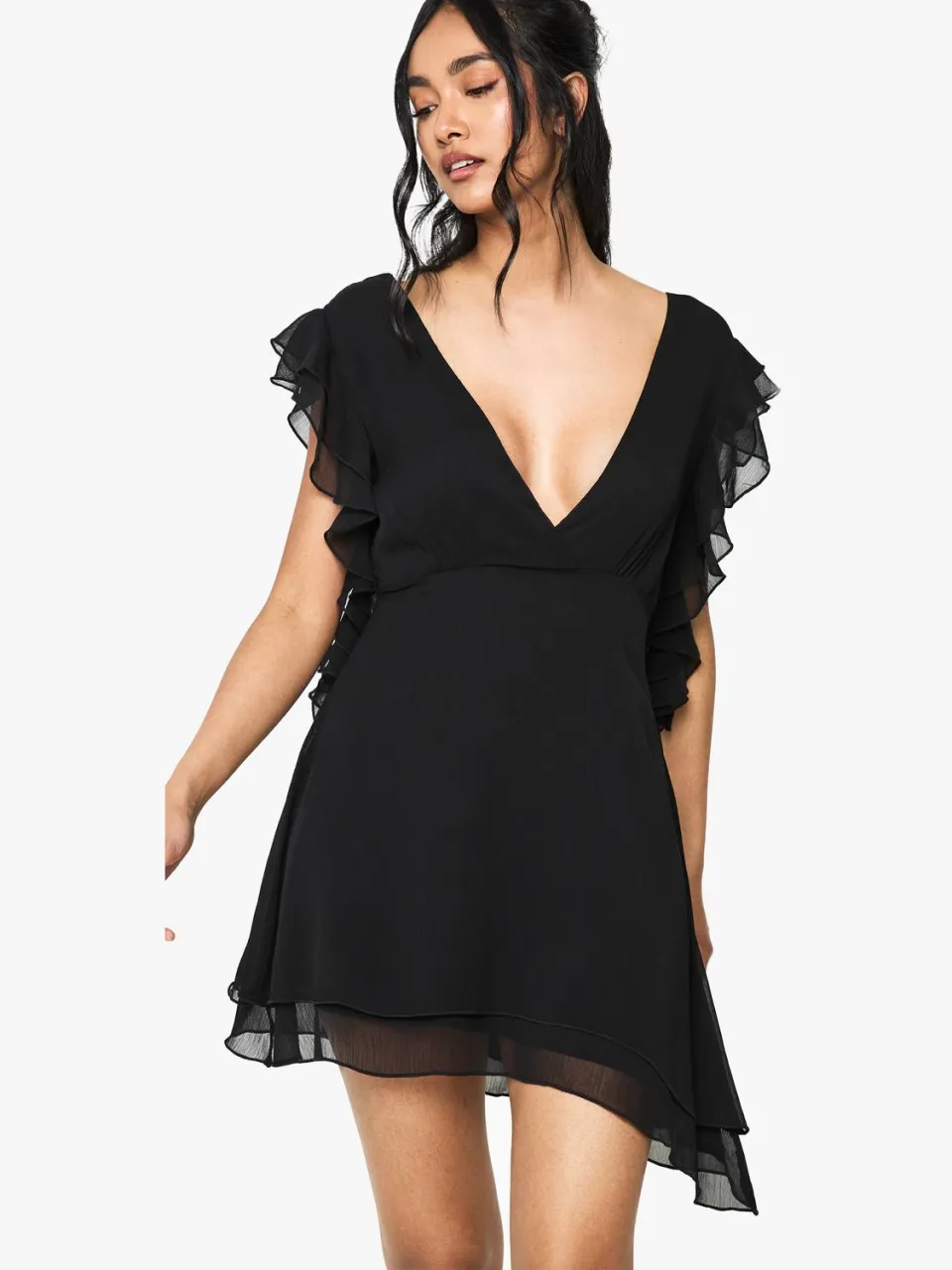 boohoo Dames Chiffon Mini Jurk met Ruffle Detail zwart, foto 2