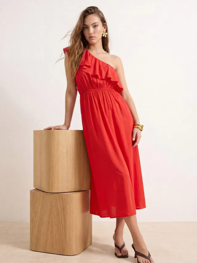 Trendyol TRENDYOLMİLLA Dames Rood Effen Midi Mouwloos Casual Skater Jurken, foto 2