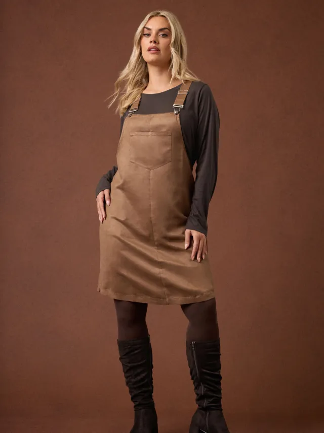 Yours Bruine Faux Suède Pinafore Jurk Brown