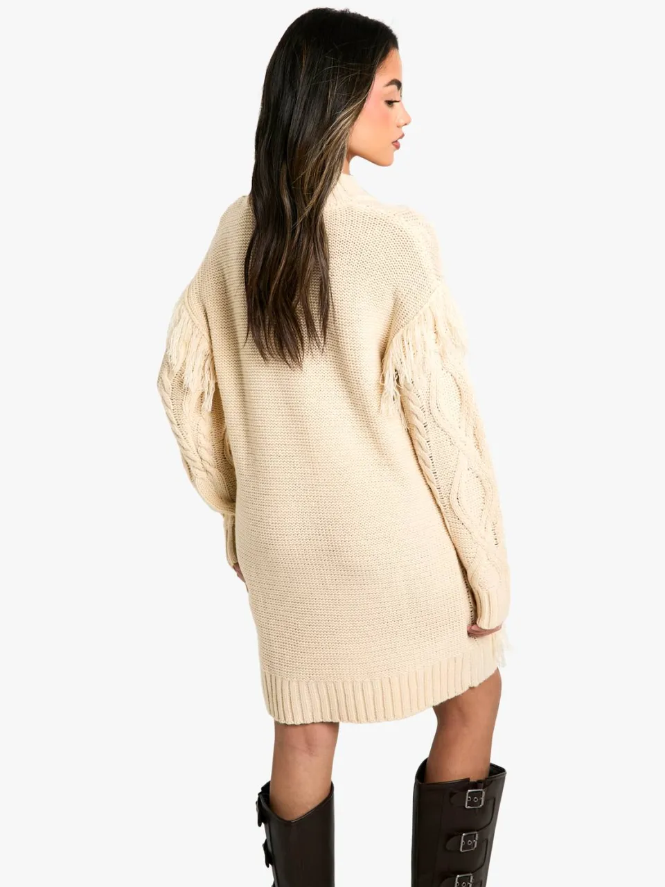 boohoo Dames Tassel Gebreide Kabel Mini Jumper Jurk steen, foto 2