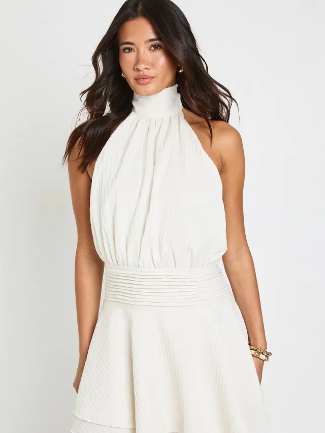 boohoo Dames Gestructureerde Halter Mini-jurk Met Verlaagde Zoom Ivoor