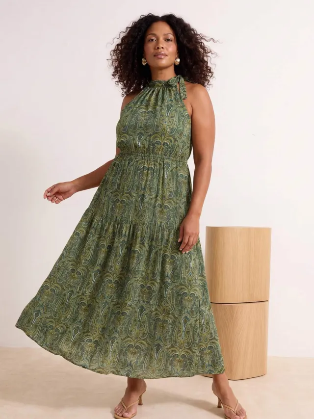 Trendyol Curve Dames Groen Paisley Maxi Mouwloos Casual A-lijn Grote maten Jurk