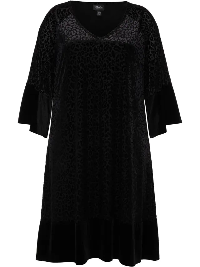 Ulla Popken Dames - Midi-jurk leo patroon A-lijn ronde hals 3/4-mouw - Zwart - Maat 50+