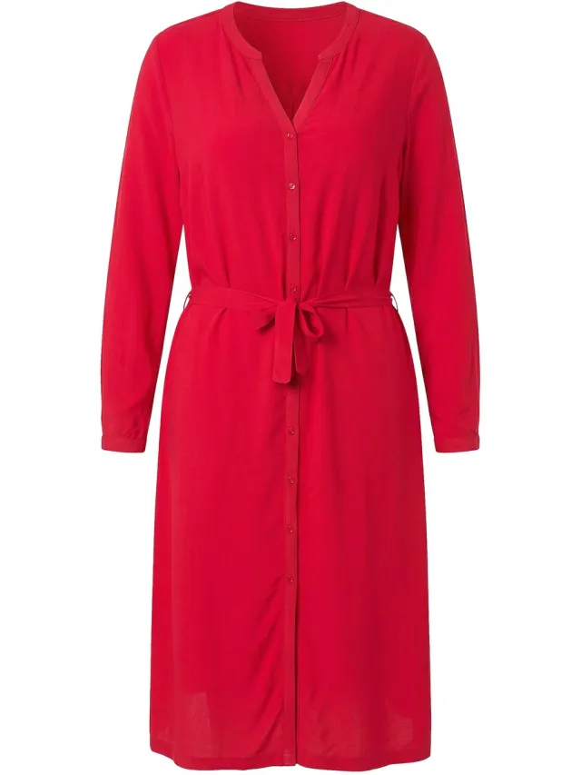 MIAMODA Dames - Midi-jurk A-lijn strikceintuur knoopsluiting lange mouw - Rood