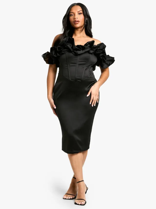 boohoo Dames Plus Volume Off-Shoulder Midi Jurk Zwart