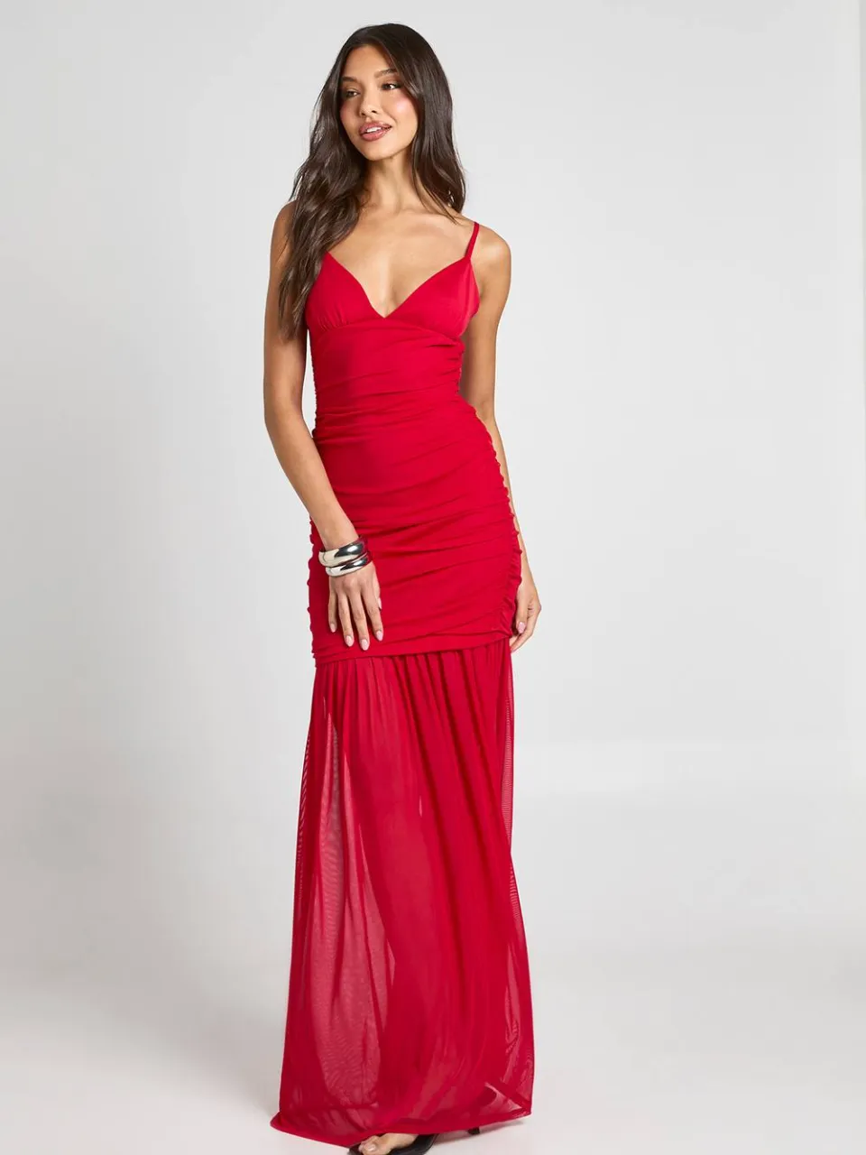 boohoo Dames Mesh Cami Maxi Jurk Met Mesh Zoom rood, foto 3