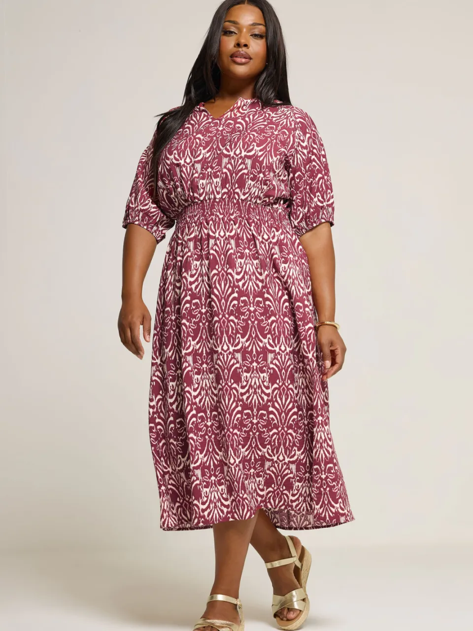 Yours Rode Ikat Notch Neck Midaxi Jurk-52 Red
