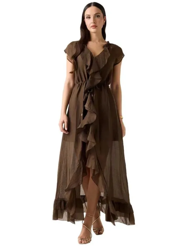 Guess Maelys Ruffled Jurk Met Korte Mouwen Bruin 2XS Vrouw Coarse Brown Multicolor