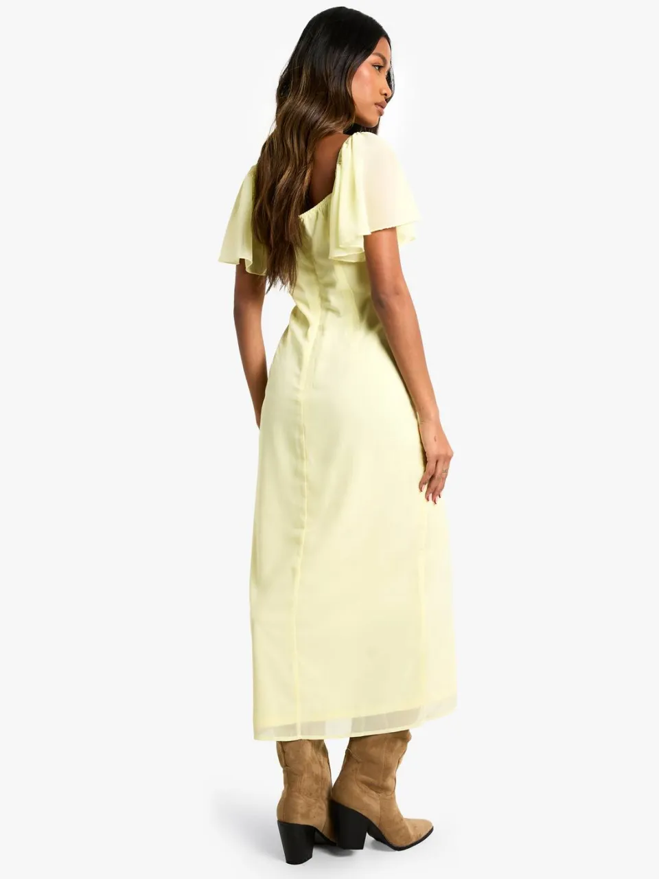 boohoo Dames Angel Sleeve Chiffon Midaxi Jurk citroen, foto 3