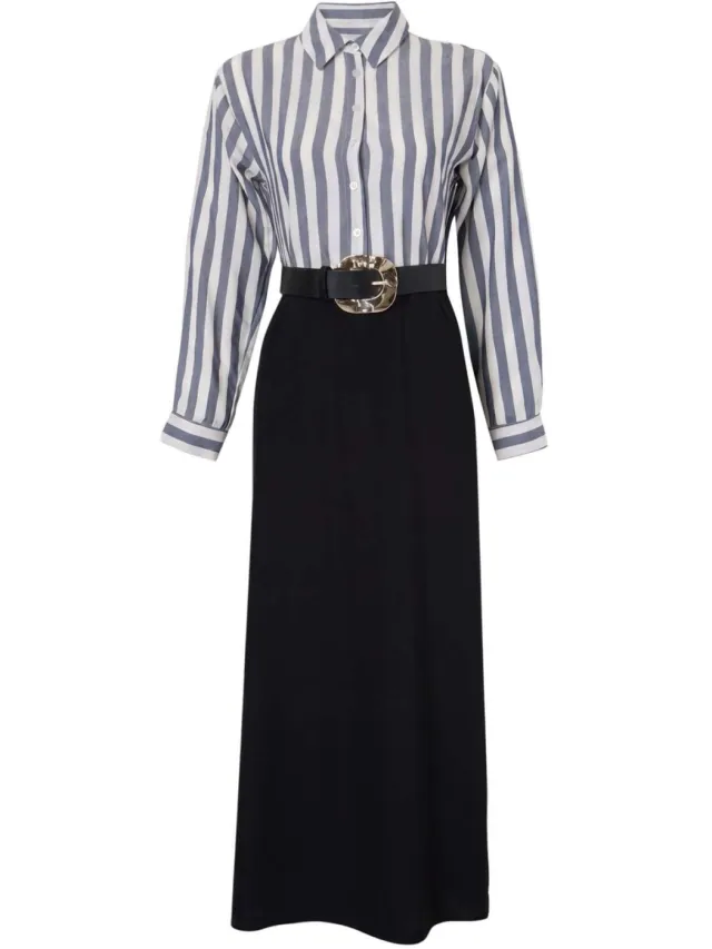 Trendyol Modest Dames Donkerblauw Gestreept Maxi Lang Blousejurk Modest Jurken Marineblauw/Blauw