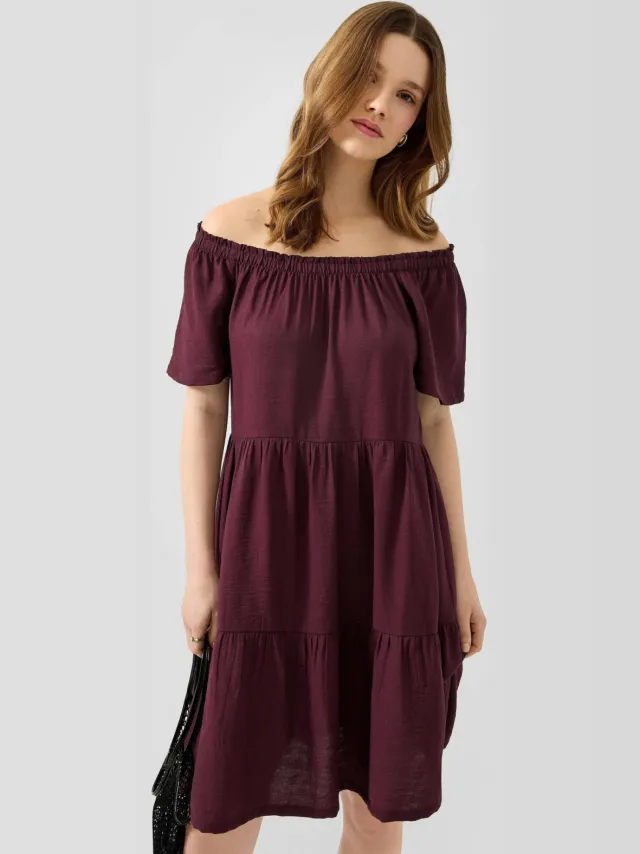 QS off shoulder viscose mini jurk - paars