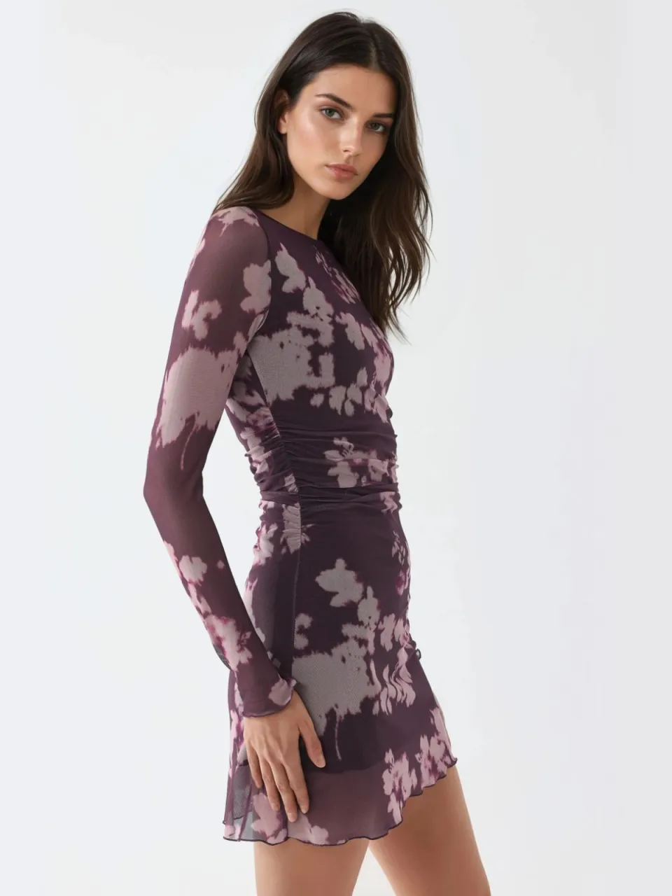 Busem Bloemen Mini Jurk met Lange Mouwen paars, foto 2