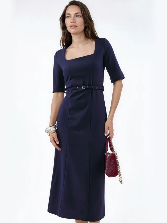 Busem Gestrikt Midi-jurkje met Vierkante Kraag Marineblauw