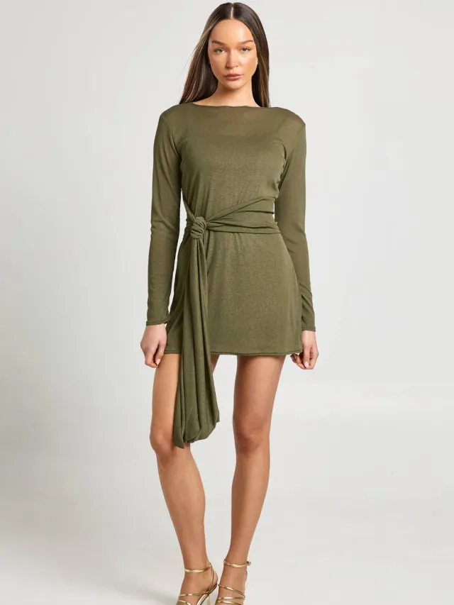 boohoo Dames Jurk Met Gestructureerde Mesh, Strikceintuur En Uitlopende Mouwen Kaki