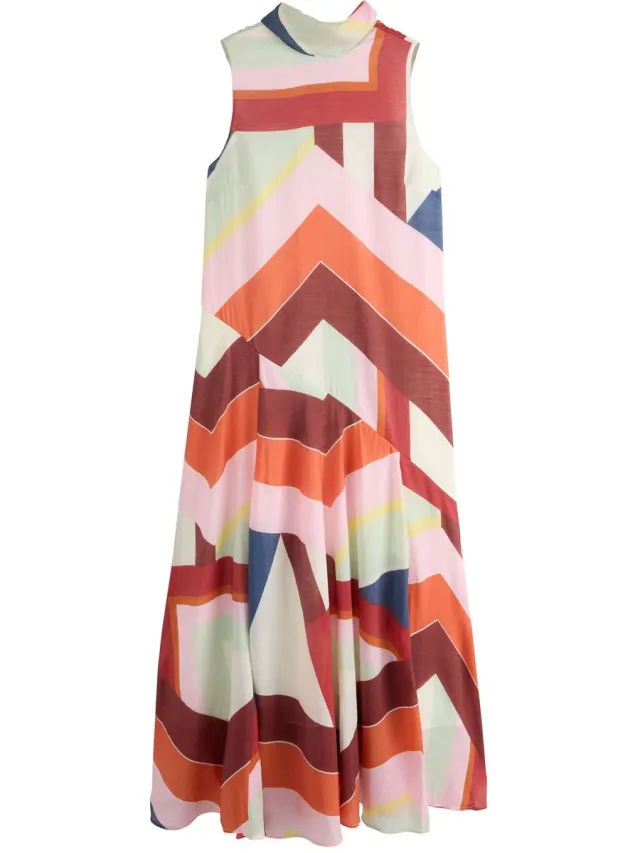 Next Dames - Mouwloze, asymmetrische feestjurk met hoge hals - Roze Multi Stripe Print