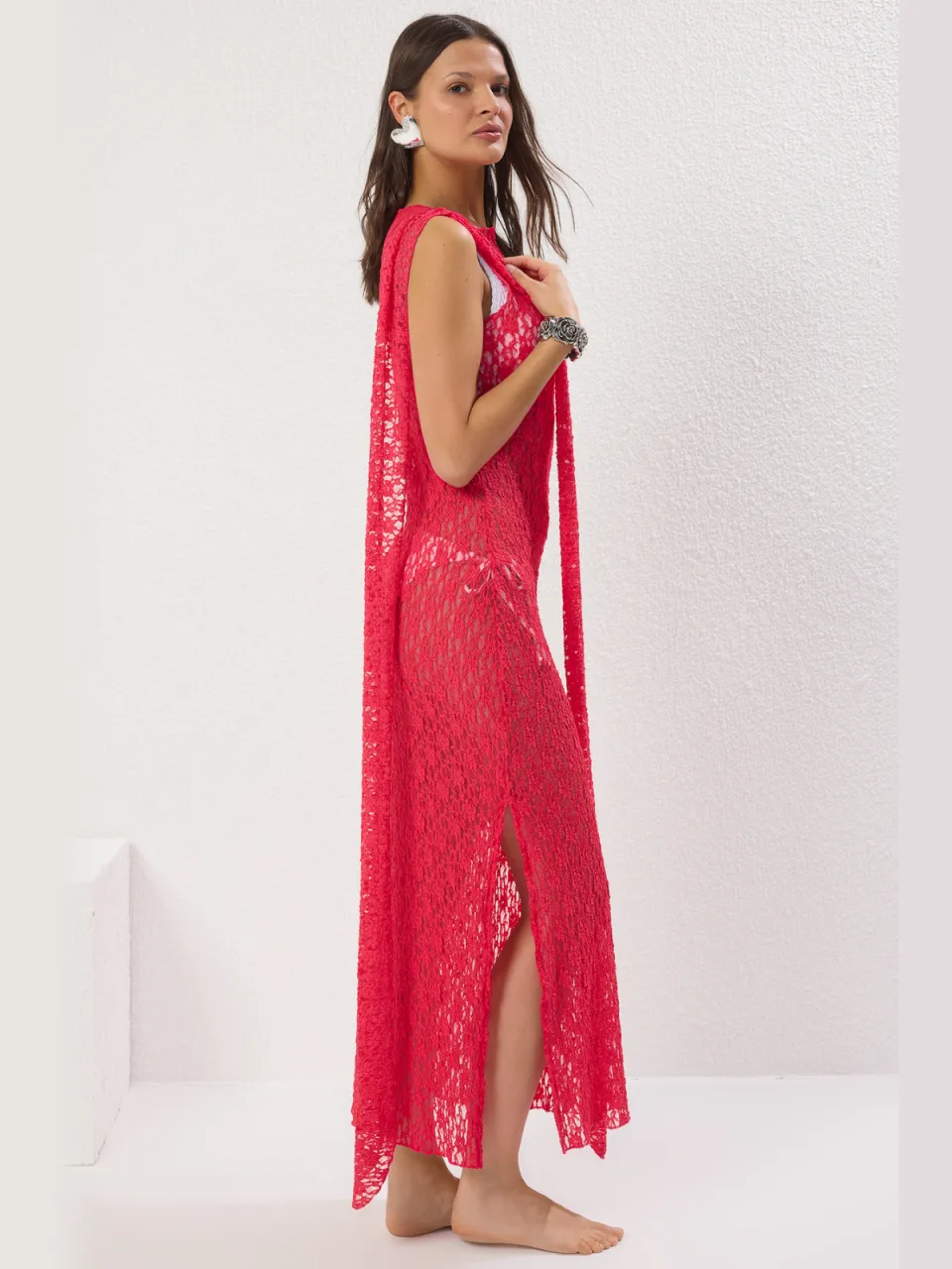 Trendyol TRENDYOLMİLLA Dames Roze Effen Maxi Mouwloos Strandkleding Bodycon Strandjurken Fuchsia