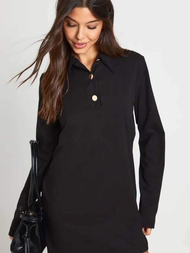 boohoo Dames T-shirtjurk met kraag en gouden knopen Zwart