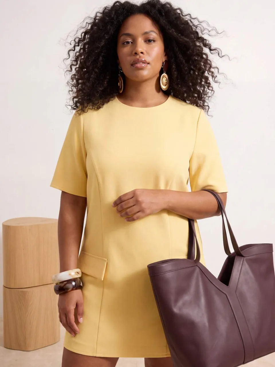 Trendyol Curve Dames Geel Effen Kort / Mini Driekwart mouw Casual A-lijn Grote maten Jurk, foto 2