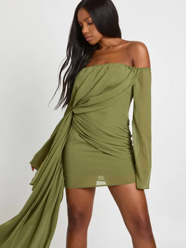 boohoo Dames Chiffon Bardot geruched mini-jurk Olijf