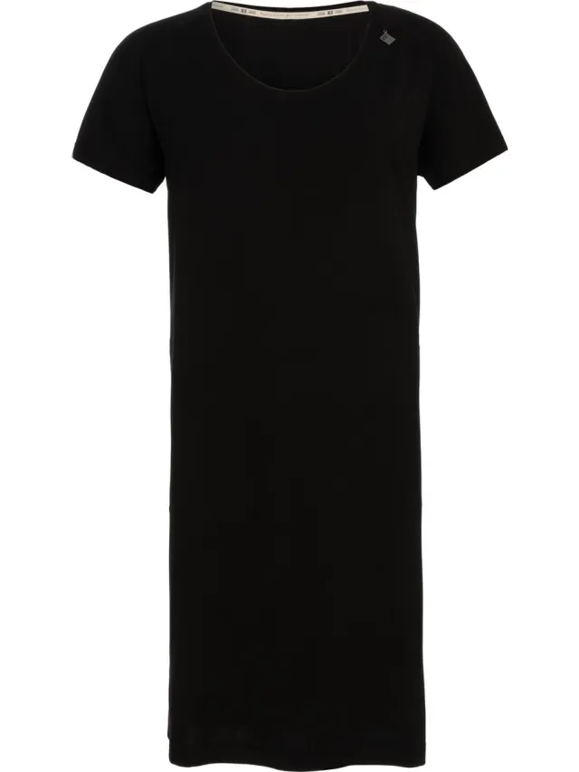 Knit Factory Lily Jurk - Dames midi-jurk met ronde hals - Rechte jurk - Korte mouwen - Jurk voor het voorjaar en de zomer - Zwart