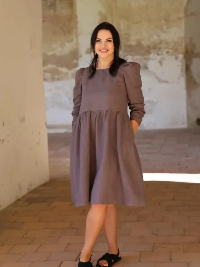 Amber Linen dames vegan Linnen Midi Smockjurk Sarah Taupe Bruin