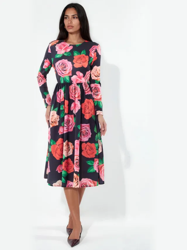 MSN Collection Bloemen Geknoopte Midi Skater Jurk Veelkleurig