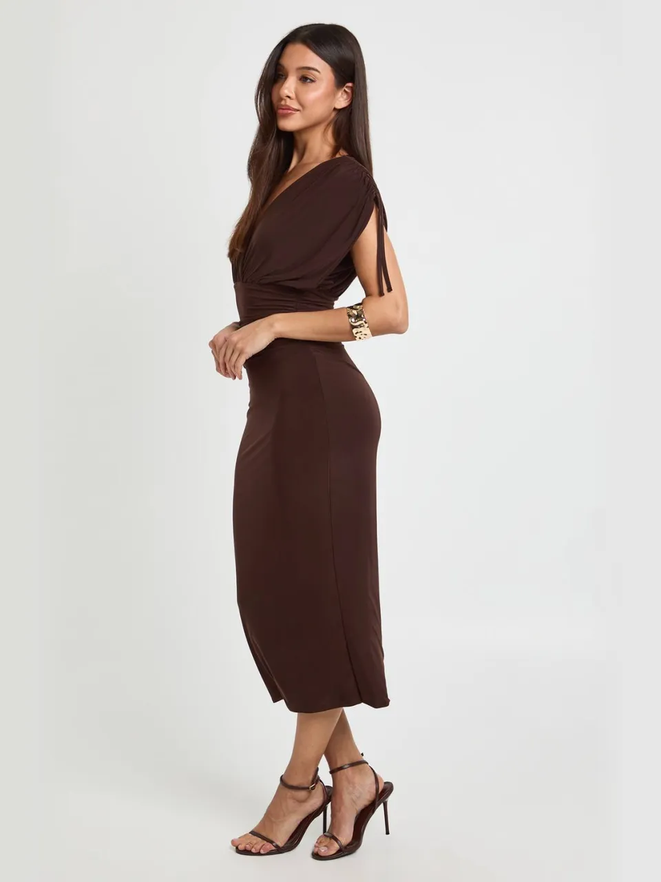 boohoo Dames Midi-jurk Met Diepe Halslijn En Strikdetail Op De Schouders chocoladebruin, foto 2