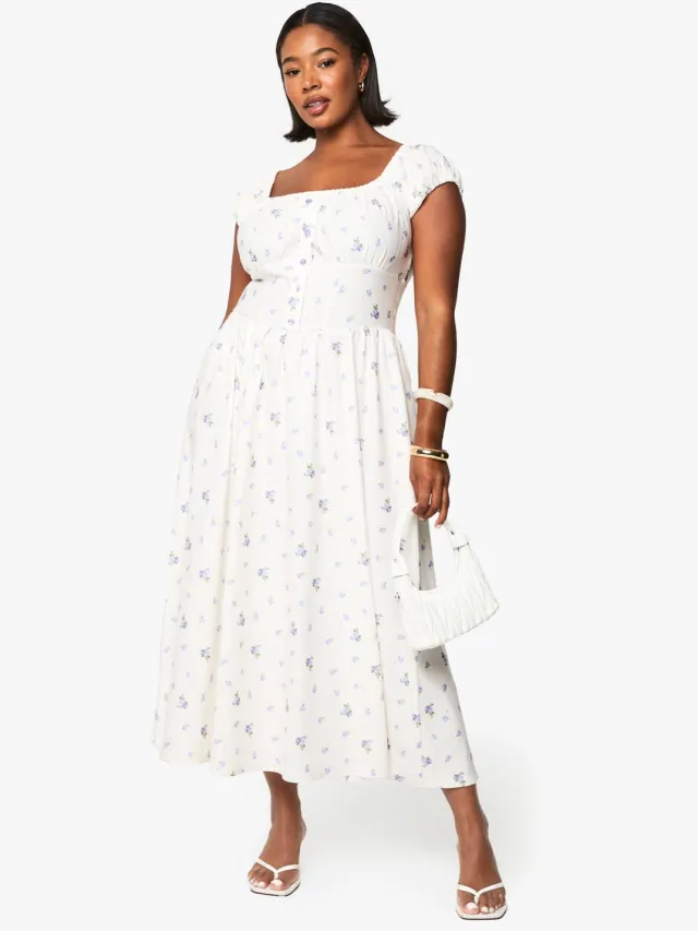 boohoo Dames PLUS BENGALINE DITSY MIDI SKATER JURK Ivoor