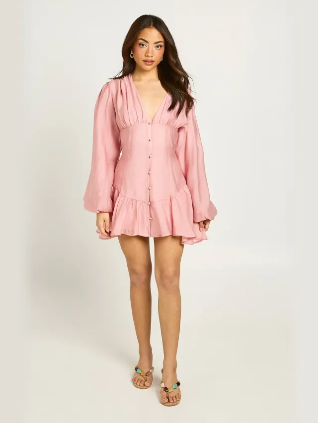 boohoo Dames Gestructureerde Mini-jurk Met Volumineuze Mouwen En Asymmetrische Zoom Roze