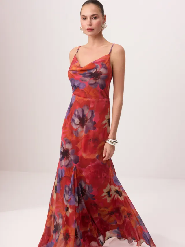 Trendyol TRENDYOLMİLLA Dames Bordeaux Bloemen Maxi Mouwloos A-lijn Avond & Gala Jurk Bordeauxrood