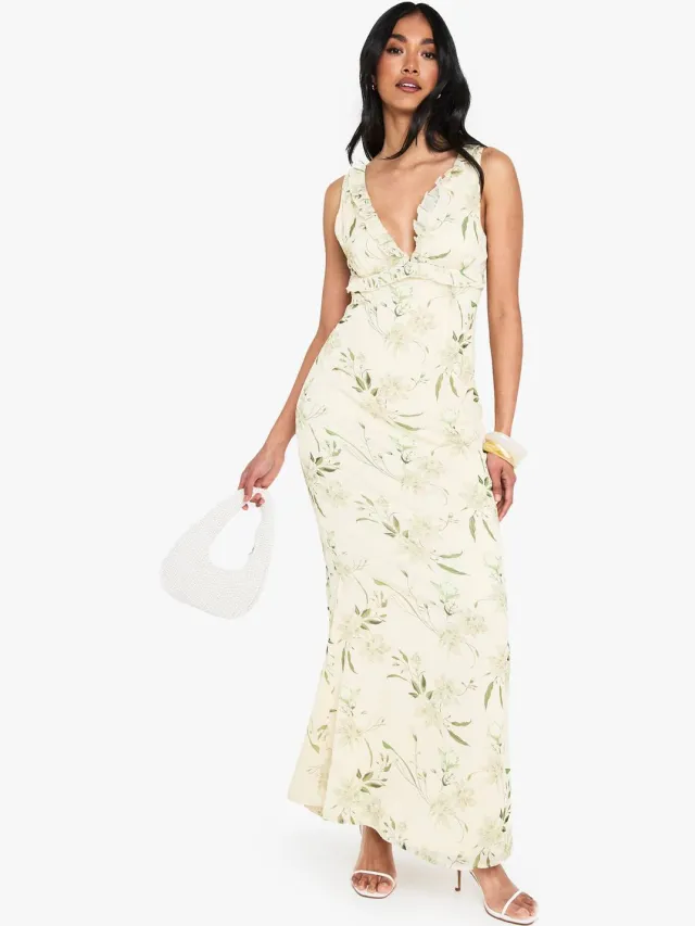boohoo Dames Bloemen Chiffon Maxi Slipjurk Citroen