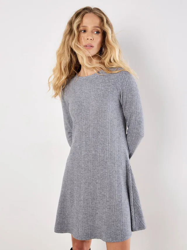Apricot Waffle Knit Swing Mini Dress Grey
