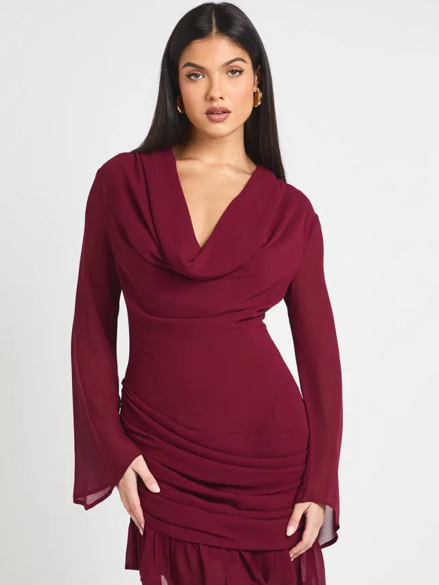 boohoo Dames Cowl Lange Mouwen Mini Jurk wijn, foto 3