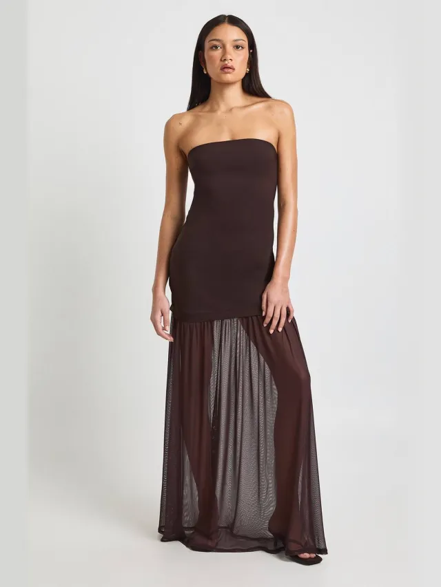 boohoo Dames Bandeau Doorzichtige Zoom Maxi Jurk Chocoladebruin