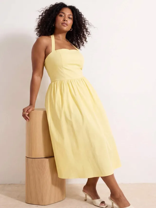 Trendyol Curve Dames Geel Effen Kort / Mini Mouwloos Casual A-lijn Grote maten Jurk