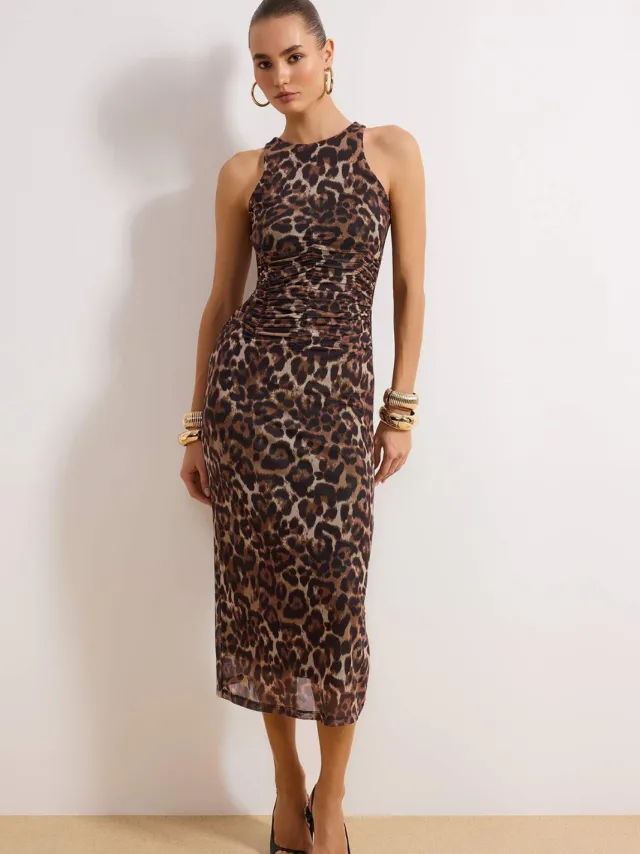 Trendyol TRENDYOLMİLLA Dames Bruin Dierenprint Midi Mouwloos Stijlvol/Avond Bodycon Jurken