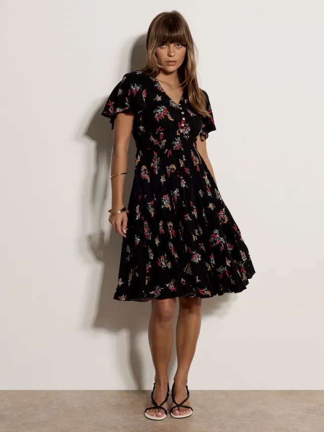 Apricot Midi-jurk met botanische bloemenprint en smockwerk Marine