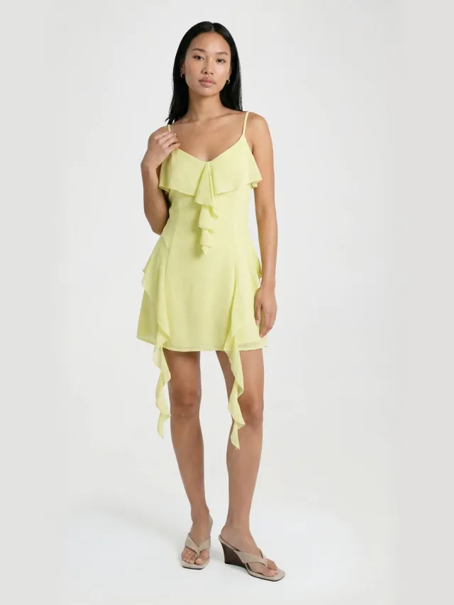 boohoo Dames Ruches Chiffon Mini Jurk Citroen