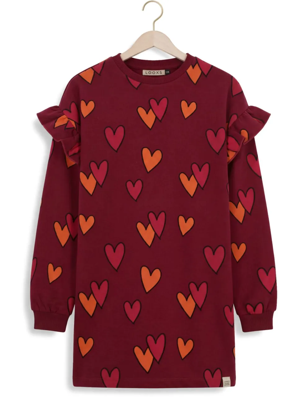 LOOXS little sweatjurk met ruches en hartjes donkerrood, foto 2